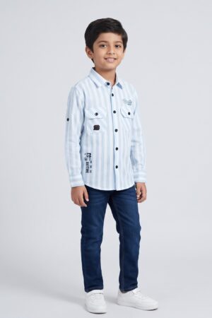 Boys Light Blue & White Striped Full-Sleeve Shirt with Double Chest Pockets