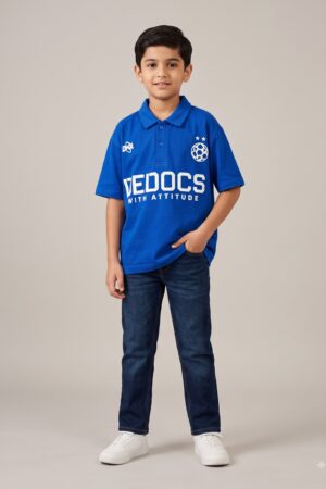 Boys Royal Blue Polo T-Shirt with Soccer Ball Graphic & FEDOCS Print