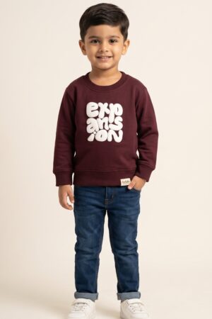 Boys Maroon Full-Sleeve Graphic Sweatshirt with White Bubble Print