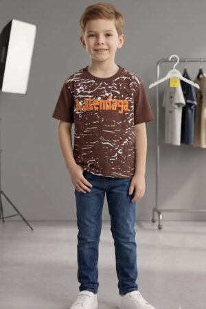 Boys Brown Half-Sleeve Printed T-Shirt with Orange Graphic