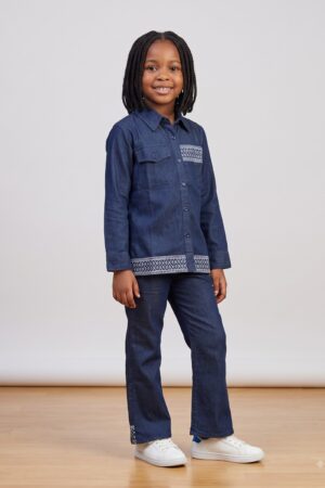 Girls Dark Blue Denim Co-Ord Set with Long-Sleeve Shirt & Flared Pants