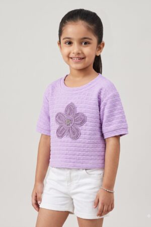 Girls Lavender Textured Top with Embellished Flower Design