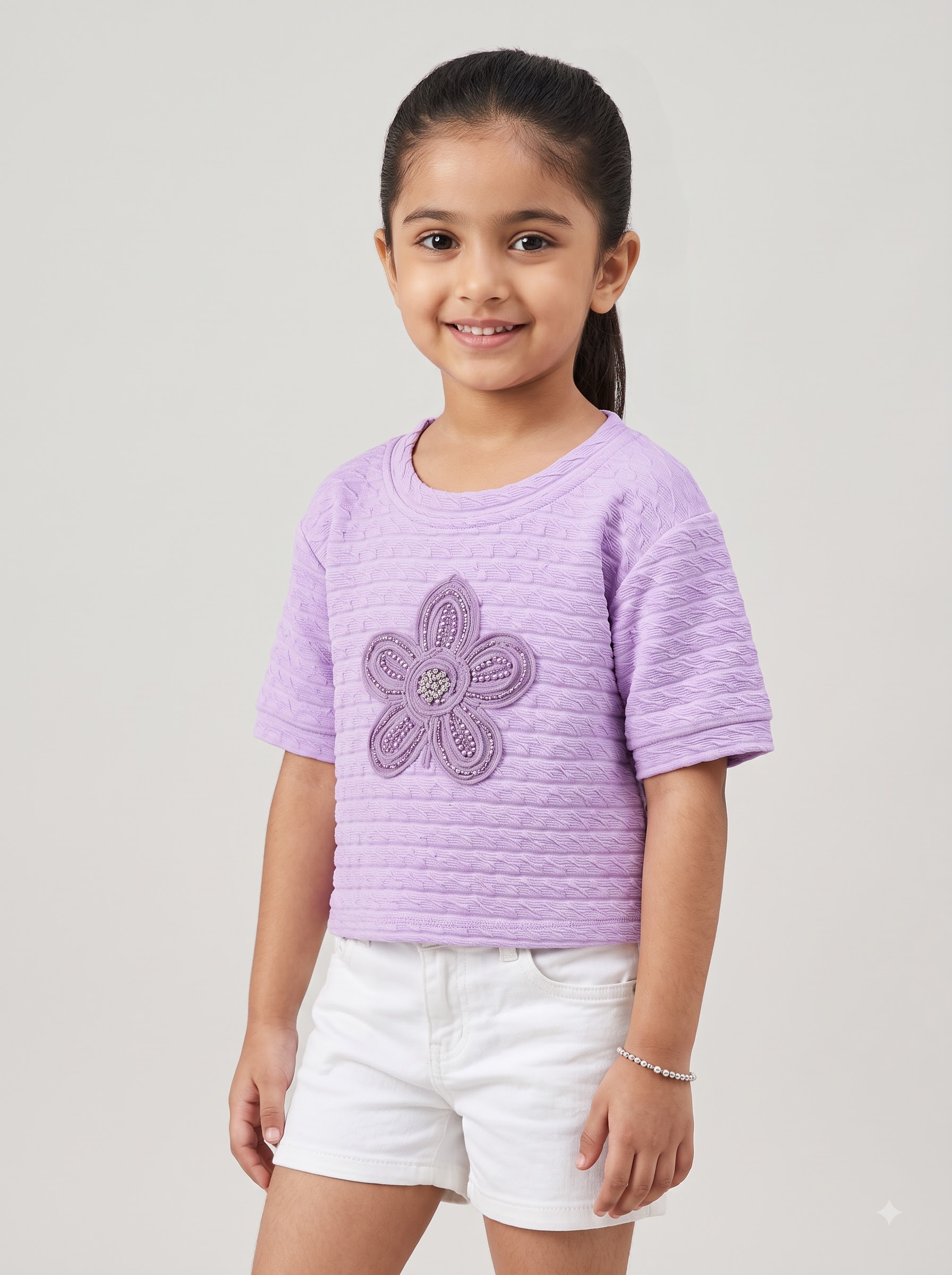 Girls Lavender Textured Top with Embellished Flower Design