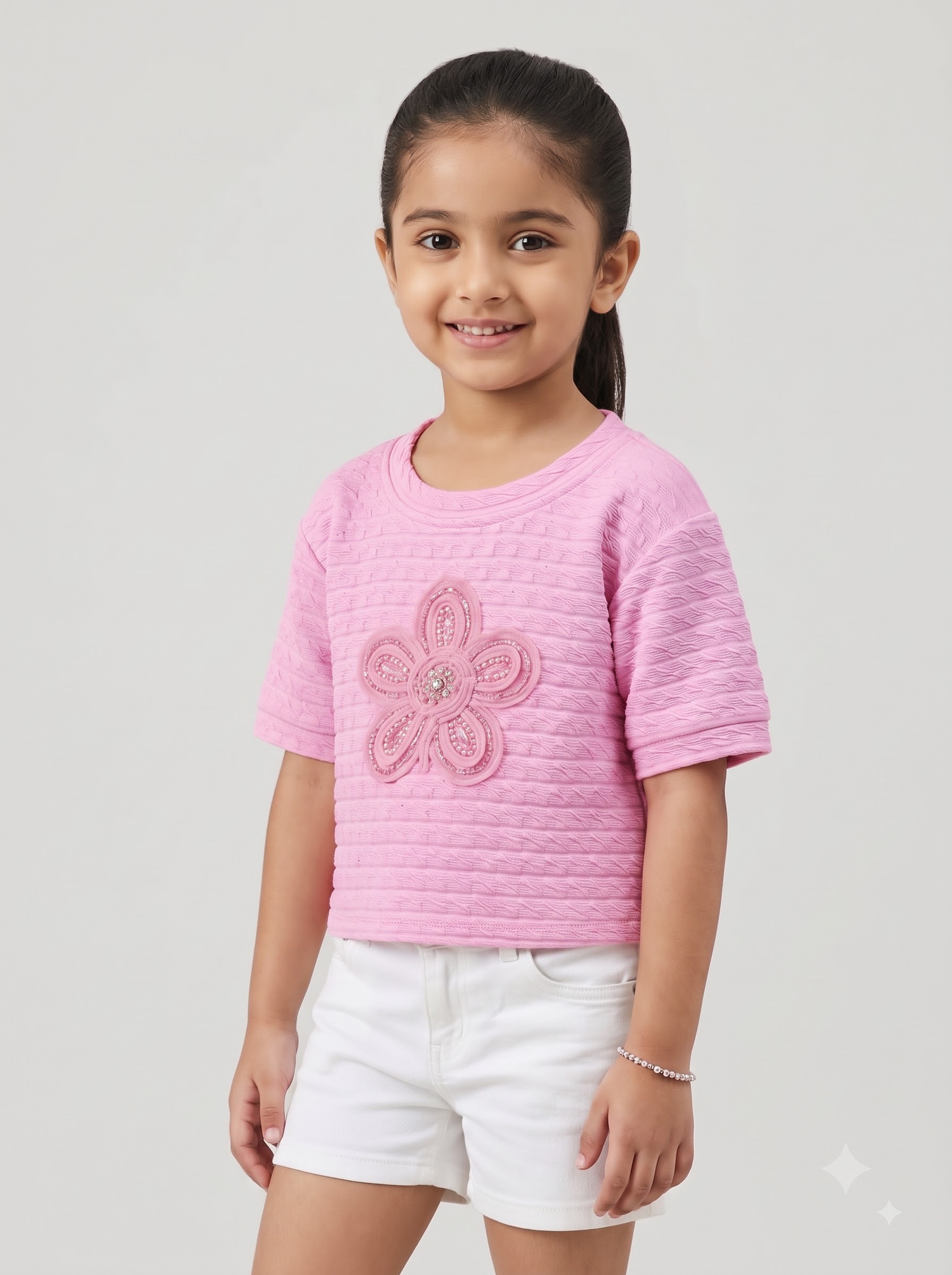 Girls Lavender Textured Top with Embellished Flower Design - Image 2