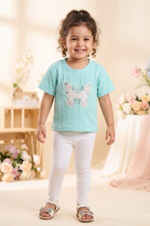 Girls White Short Sleeve T-Shirt with Floral Butterfly Embroidery