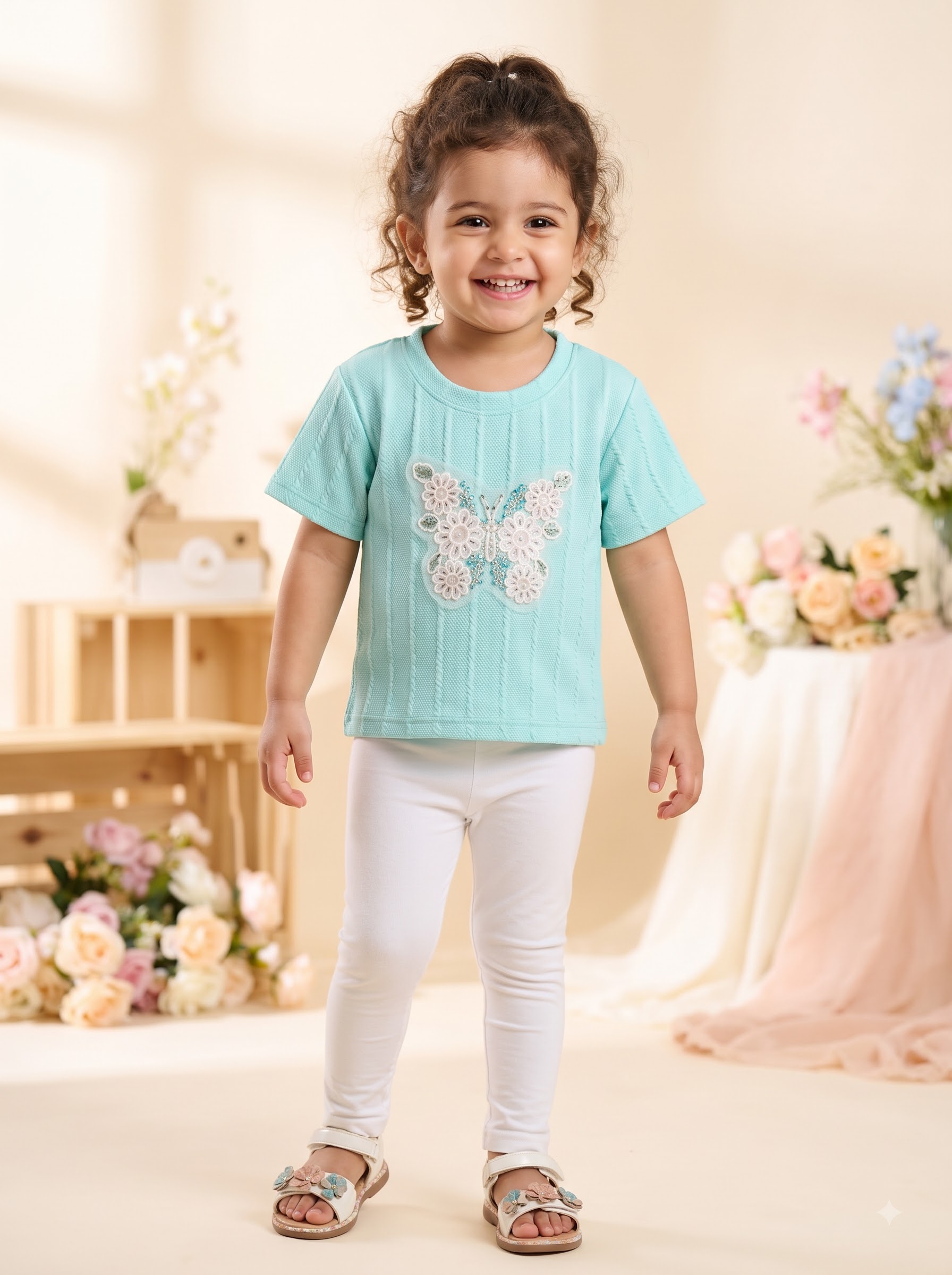 Girls White Short Sleeve T-Shirt with Floral Butterfly Embroidery