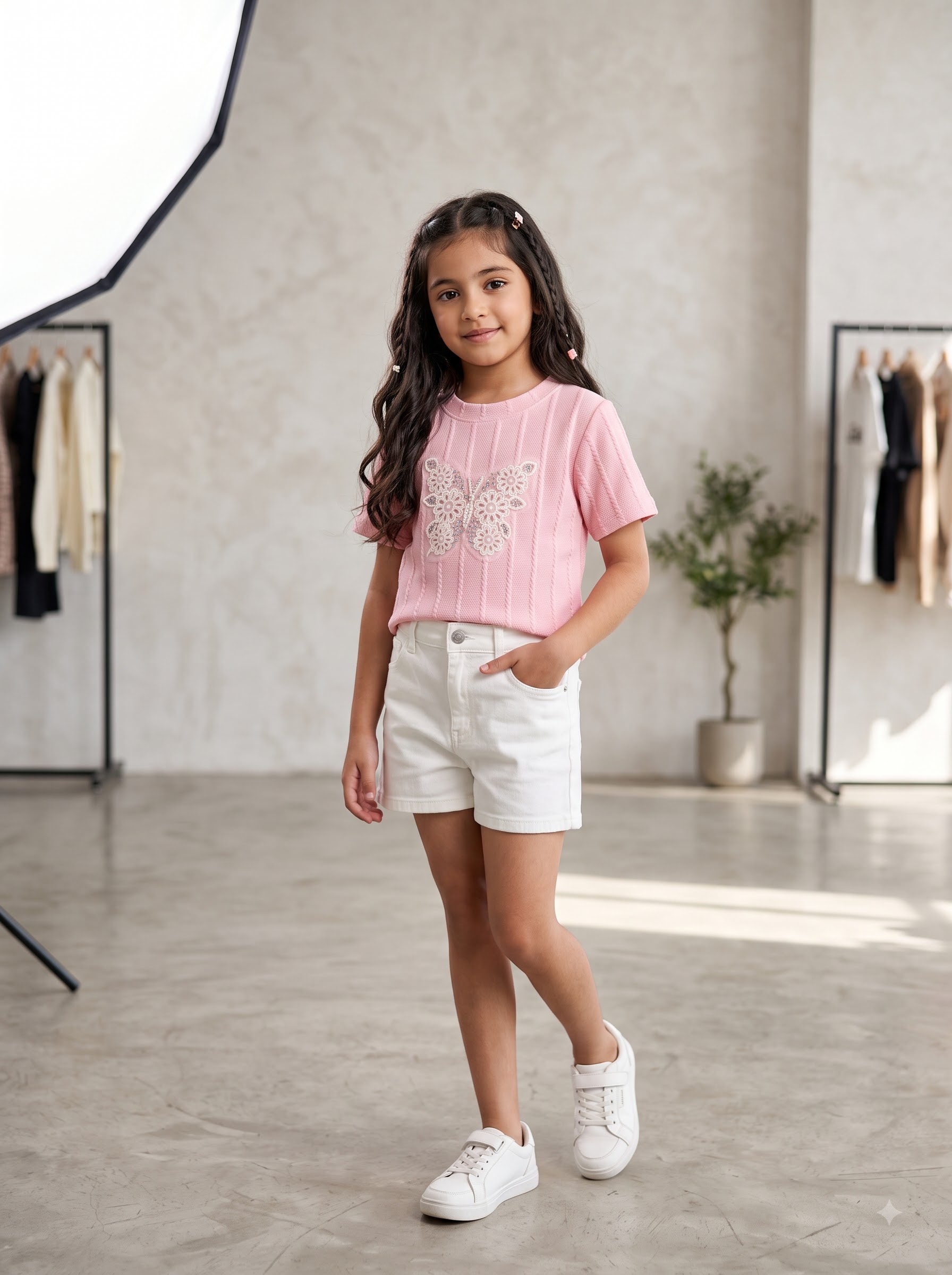 Girls White Short Sleeve T-Shirt with Floral Butterfly Embroidery - Image 2