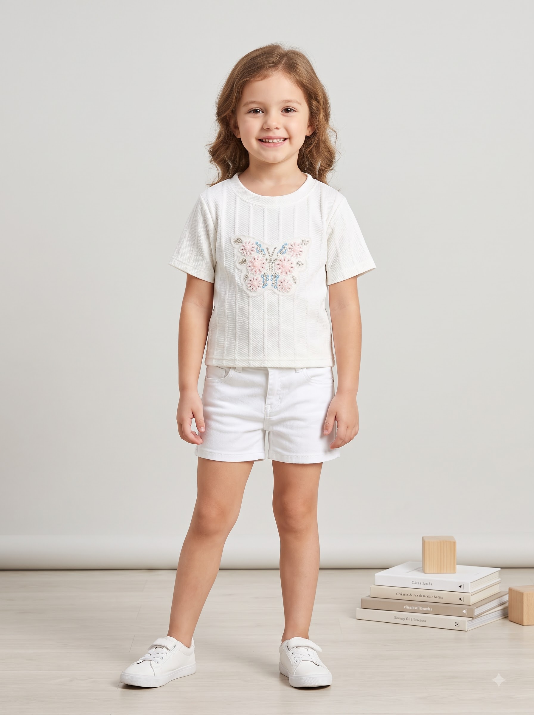 Girls White Short Sleeve T-Shirt with Floral Butterfly Embroidery - Image 3