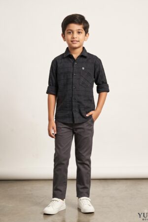 Product Name Boys Black Textured Checked Full-Sleeve Shirt with Chest Detail