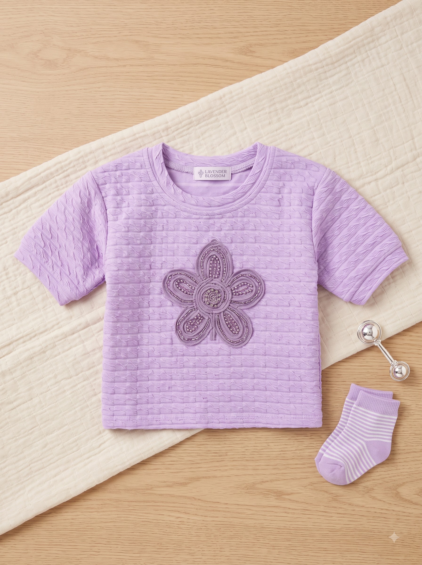 Girls Lavender Textured Top with Embellished Flower Design - Image 4