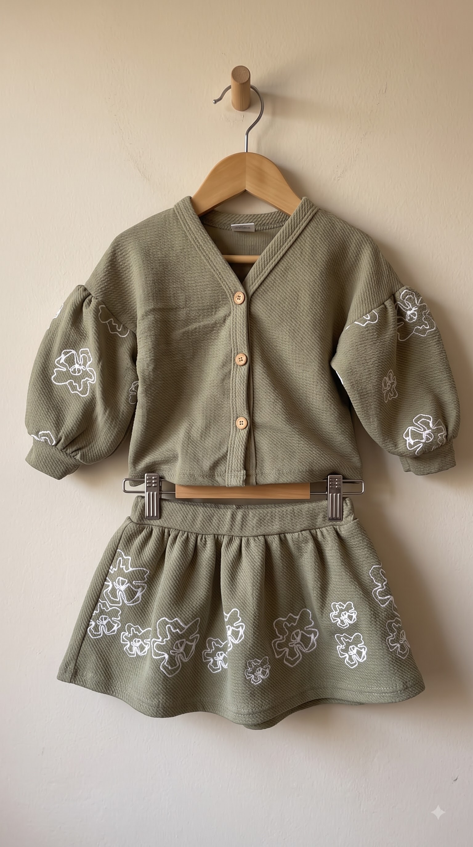 Baby Girls Olive Green Two-Piece Skirt Set with Floral Embroidered Puff-Sleeve Cardigan - Image 2