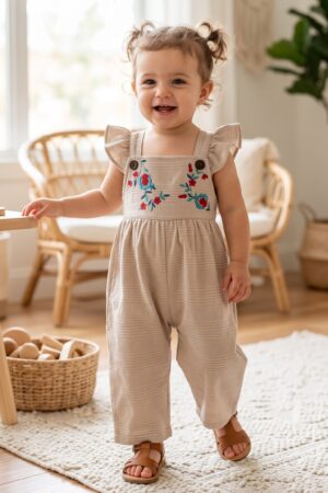 Baby Girls Beige Checked Dungaree Jumpsuit with Floral Embroidery and Ruffle Straps