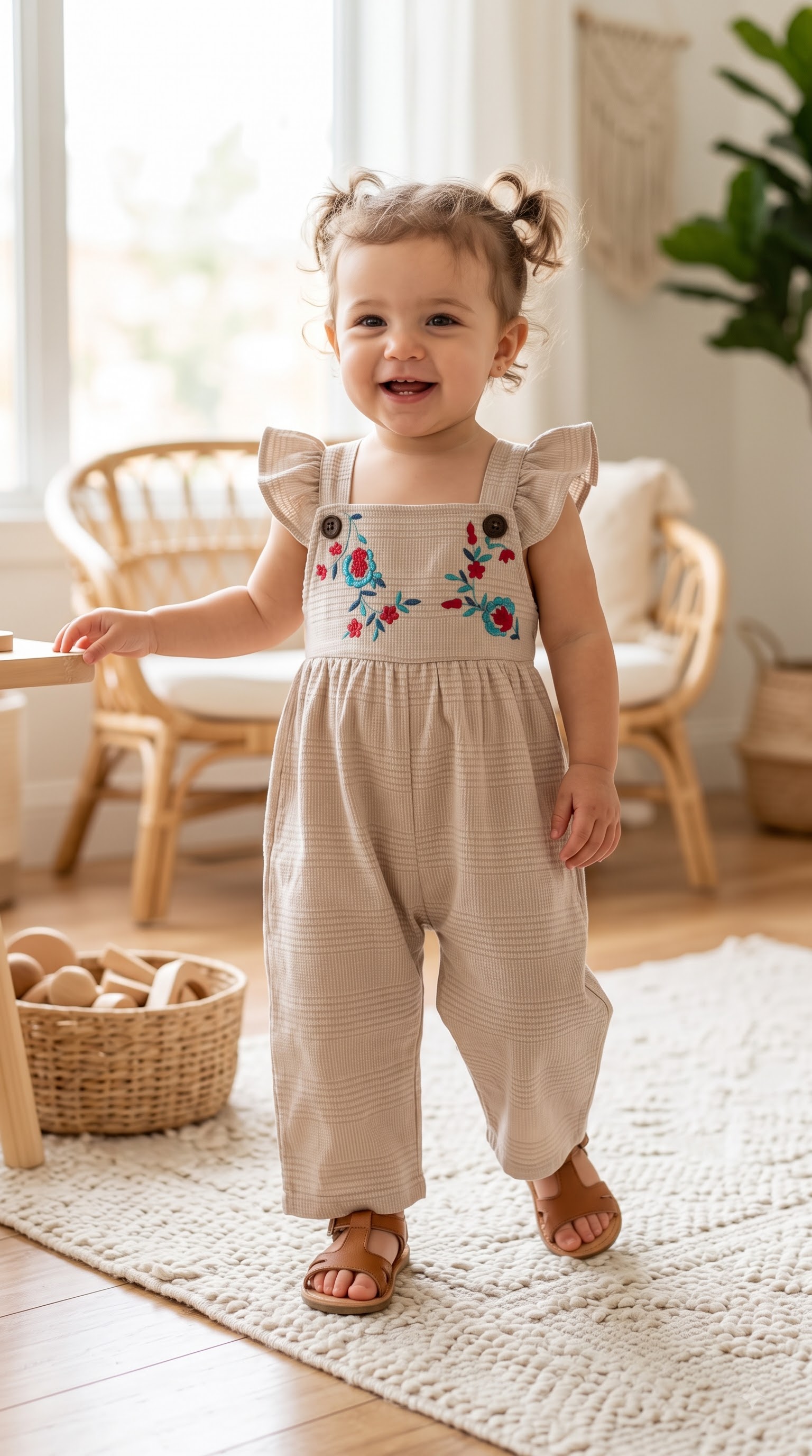 Baby Girls Beige Checked Dungaree Jumpsuit with Floral Embroidery and Ruffle Straps