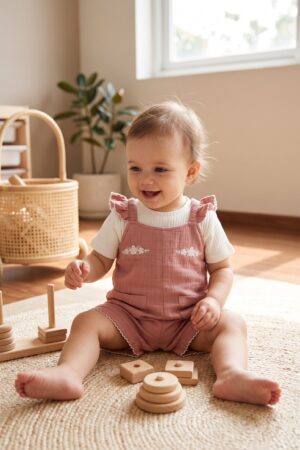 Baby Girls Dusty Pink Embroidered Dungaree Set with White Ribbed Half-Sleeve T-Shirt