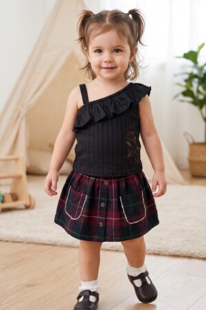 Girls Black One-Shoulder Top and Burgundy Plaid Skirt Set with Floral Embroidery