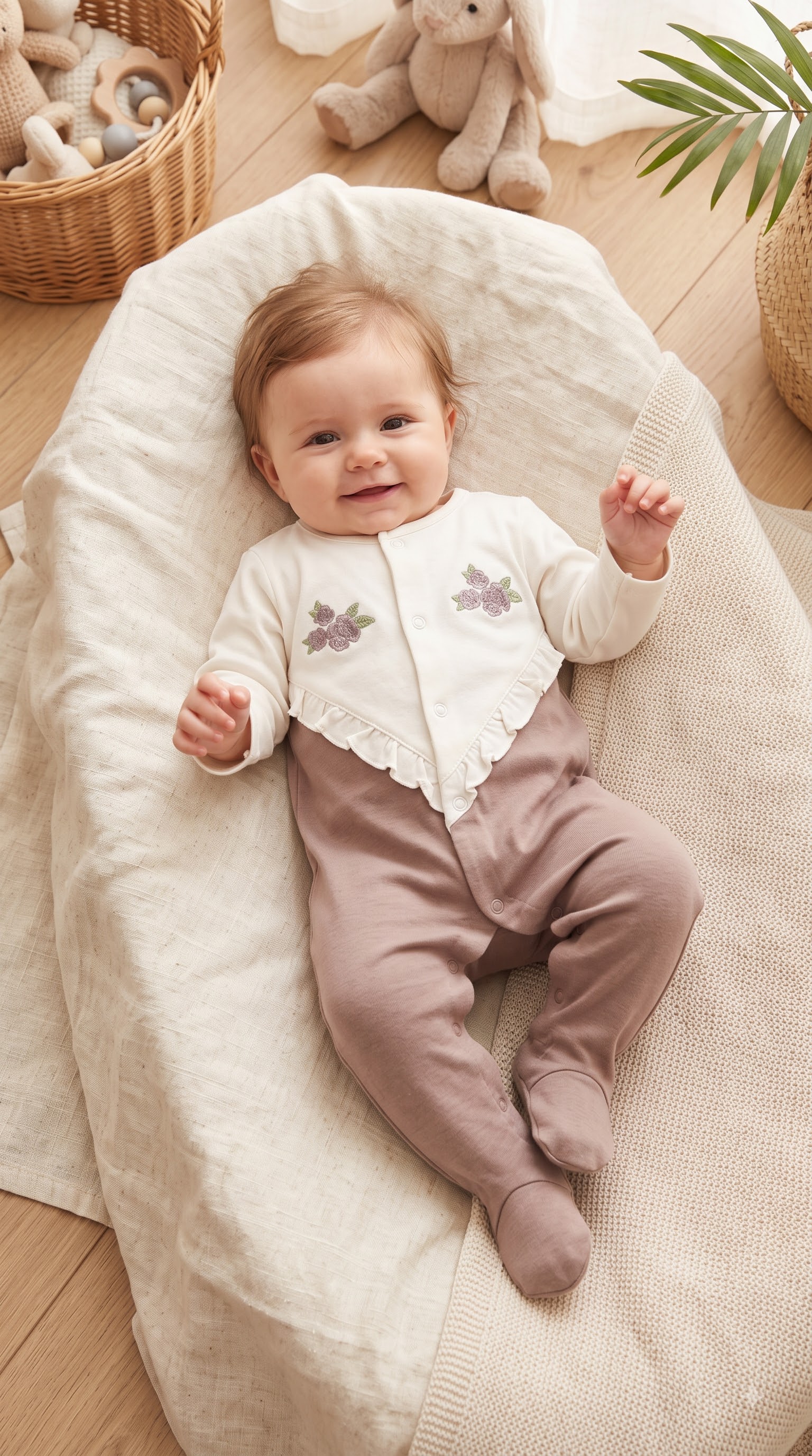 Shop this adorable baby girls' dusty pink dungaree set with white floral embroidery, ruffled straps, front pockets, scalloped trim, and a white ribbed T-shirt.