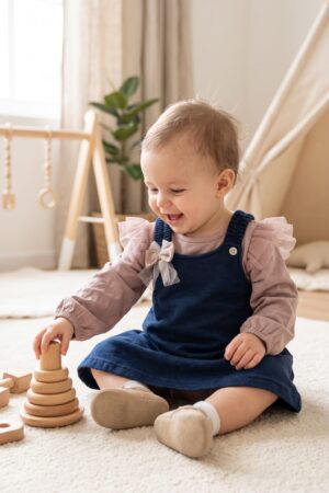 Baby Girls Navy Blue Pinafore Dress with Dusty Pink Puff Sleeves and Tulle Ruffles