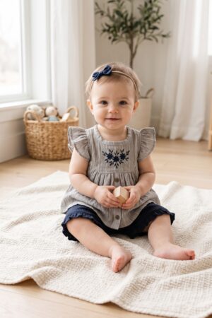Baby Girls Beige Embroidered Top and Black Ruffle Shorts Set