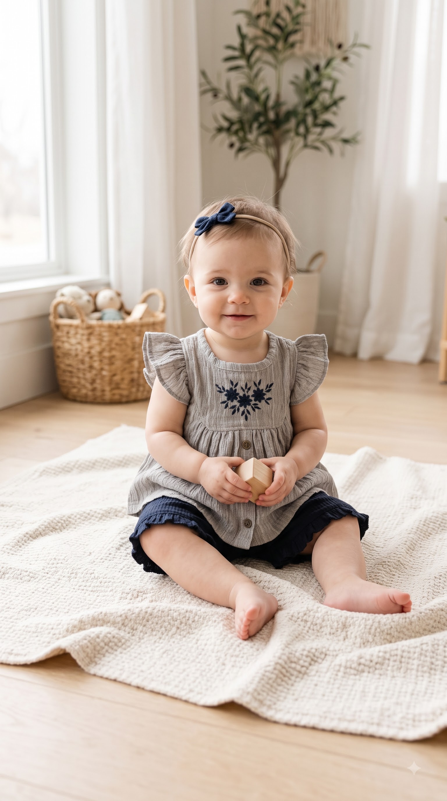 Baby Girls Beige Embroidered Top and Black Ruffle Shorts Set