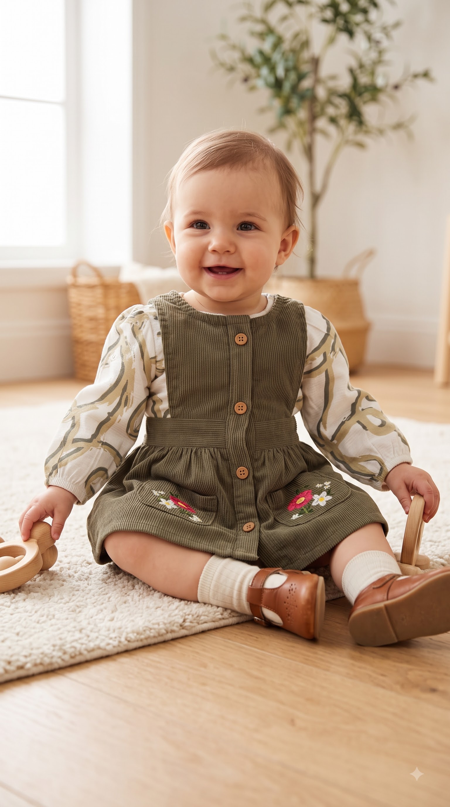Baby Girls Olive Green Corduroy Pinafore Dress with Floral Embroidered Pockets and Printed Puff Sleeve Top