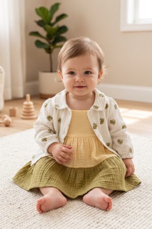 Baby Girls Yellow and Olive Green Tiered Dress Set with White Floral Print Shirt