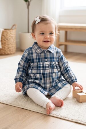 Baby Girls Blue and White Plaid Shirt Dress with White Leggings Set