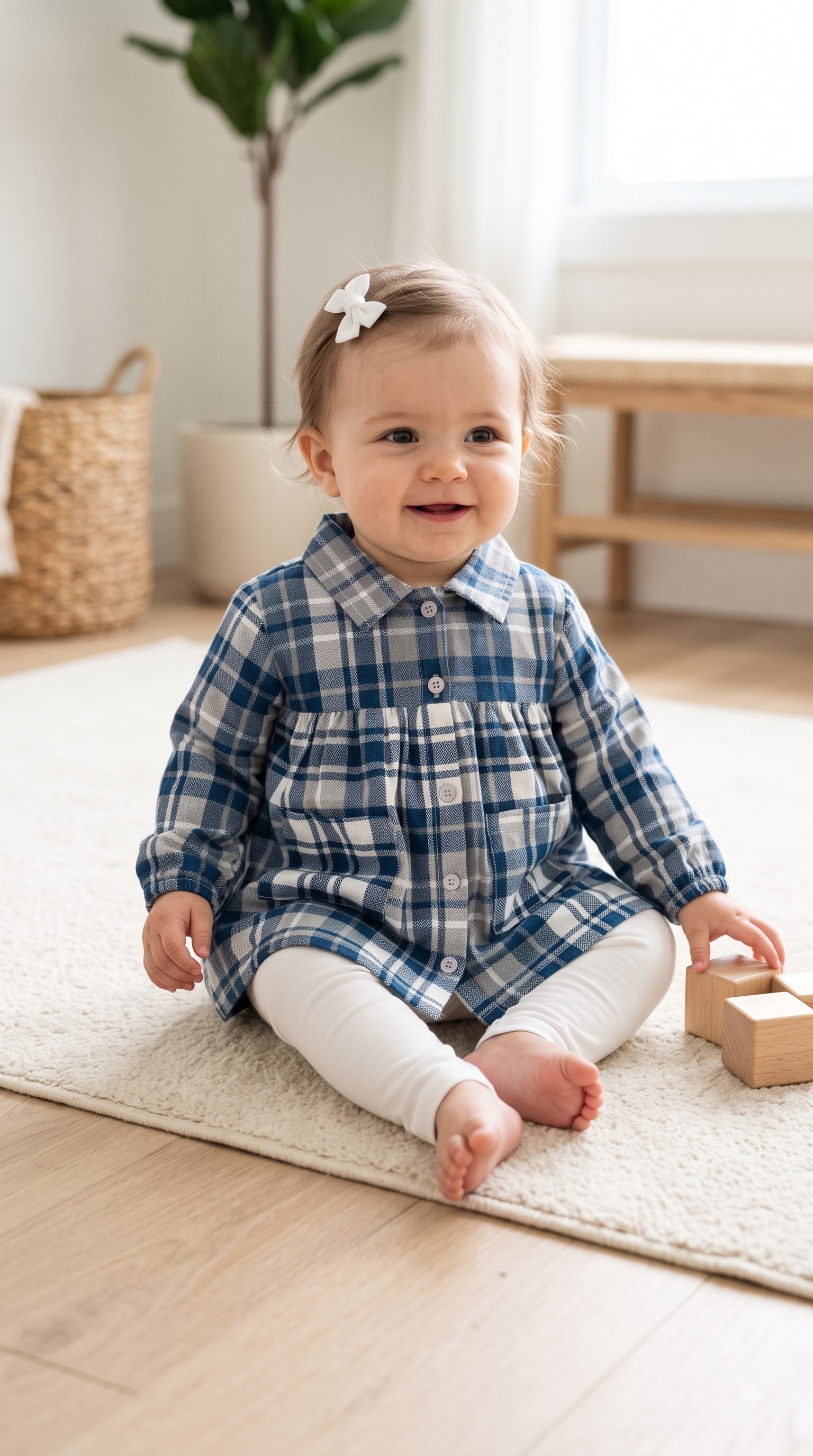 Baby Girls Blue and White Plaid Shirt Dress with White Leggings Set