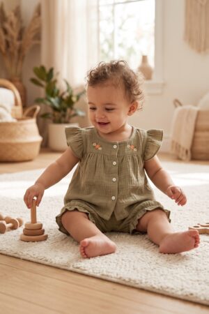 Baby Girls Olive Green Romper Set with Floral Embroidery and Ruffle Sleeves
