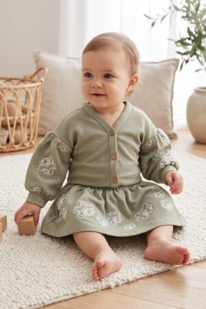 Baby Girls Olive Green Two-Piece Skirt Set with Floral Embroidered Puff-Sleeve Cardigan