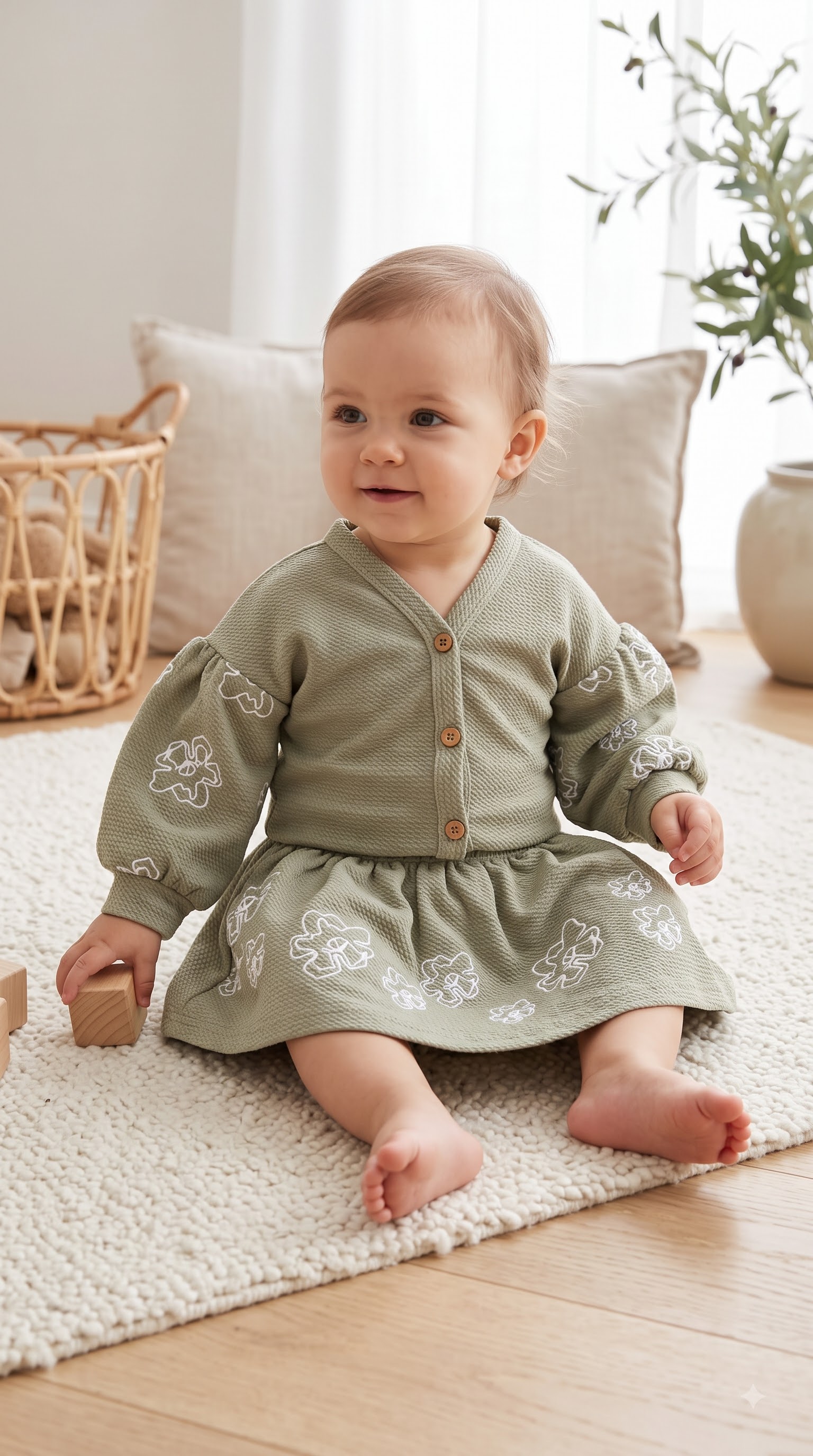 Baby Girls Olive Green Two-Piece Skirt Set with Floral Embroidered Puff-Sleeve Cardigan