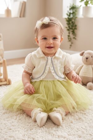 Baby Girls Ivory Bolero Jacket and Lime Green Tulle Party Dress Set