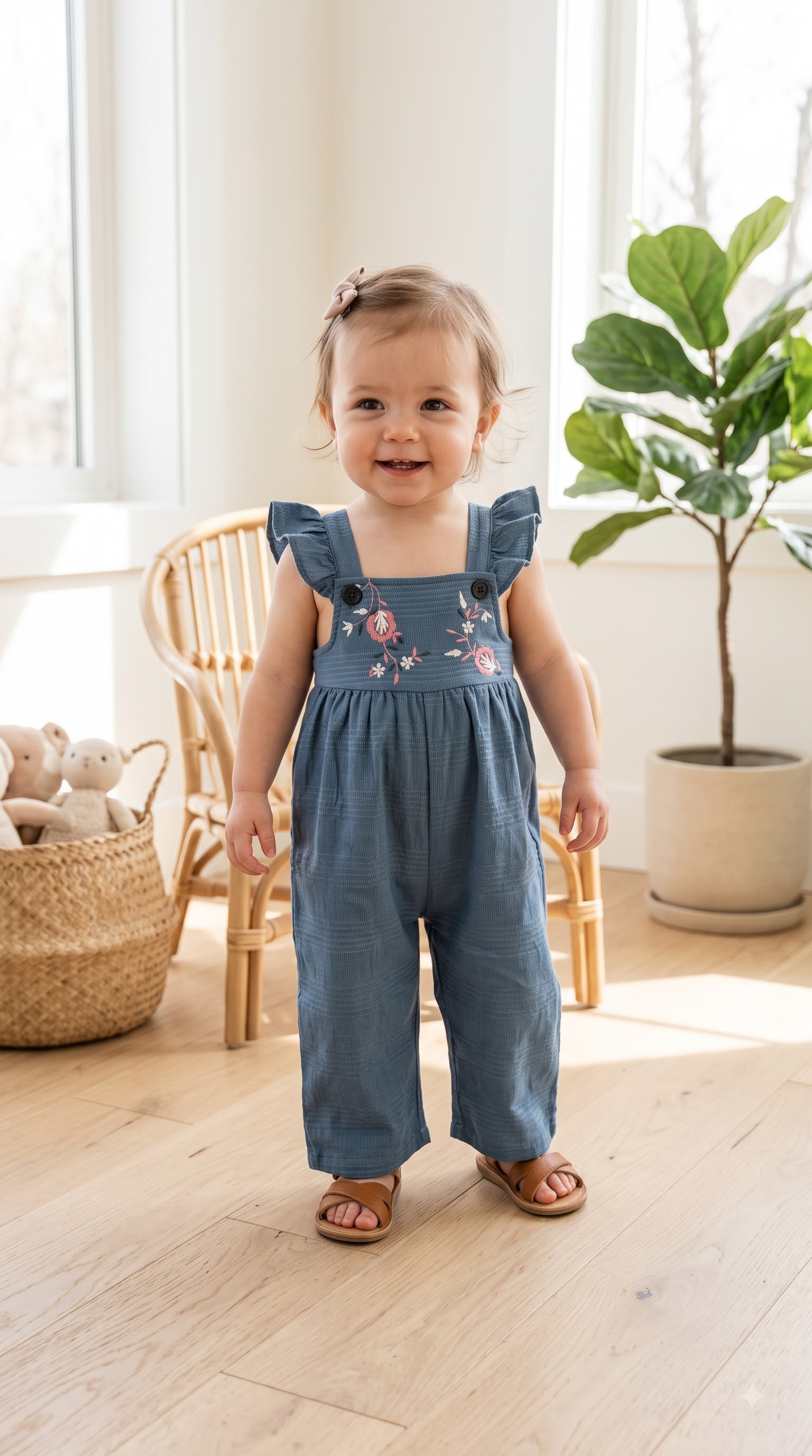 Baby Girls Beige Checked Dungaree Jumpsuit with Floral Embroidery and Ruffle Straps - Image 3
