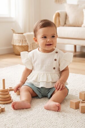 Baby Girls Ivory Ruffle Top and Sage Blue Shorts Set with Bow Waist Detail
