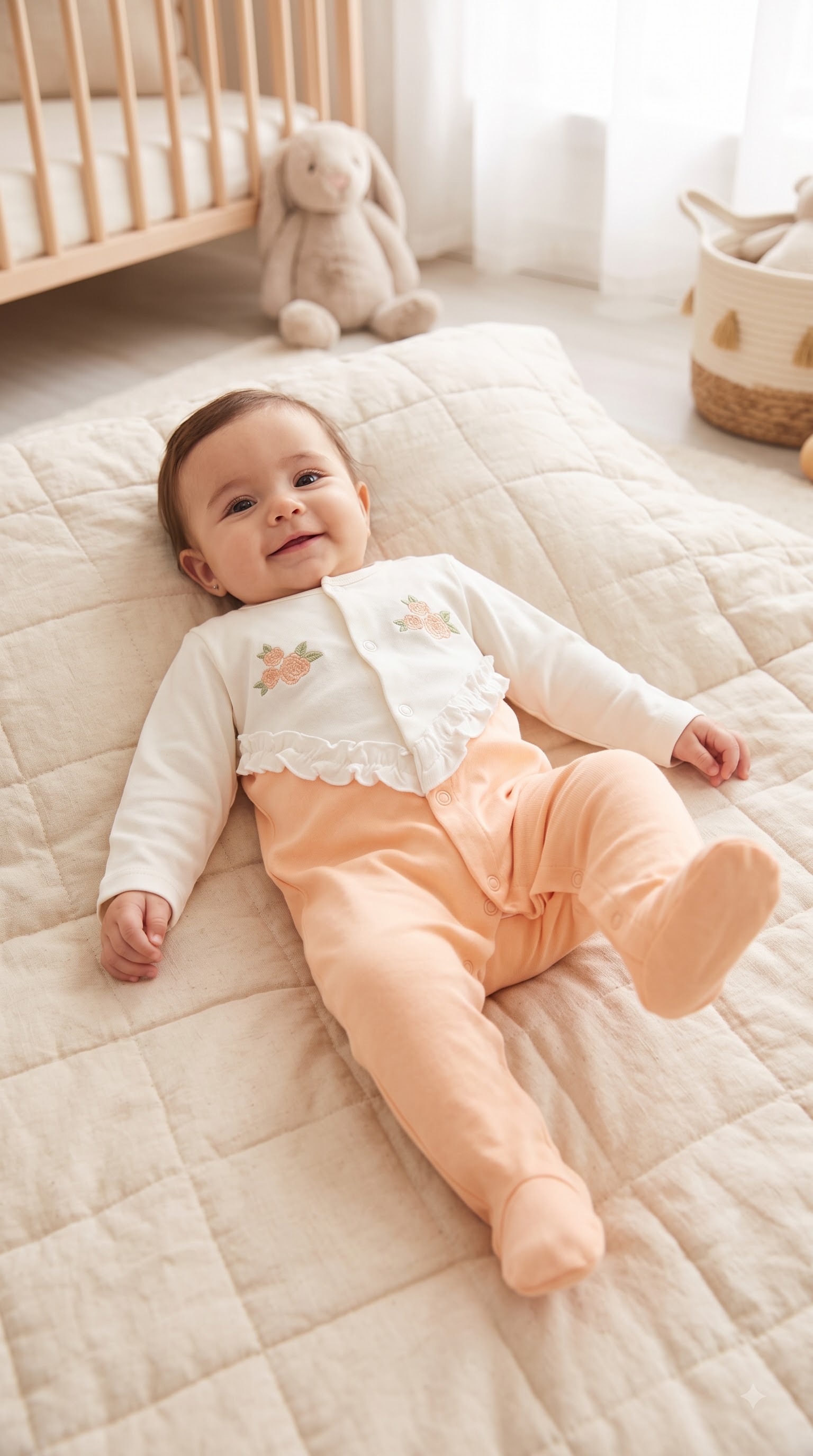 Shop this adorable baby girls' dusty pink dungaree set with white floral embroidery, ruffled straps, front pockets, scalloped trim, and a white ribbed T-shirt. - Image 3