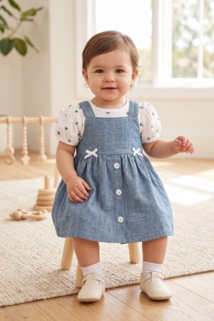 Baby Girls Pinafore Dress Set with White Floral Print Puff Sleeve Top