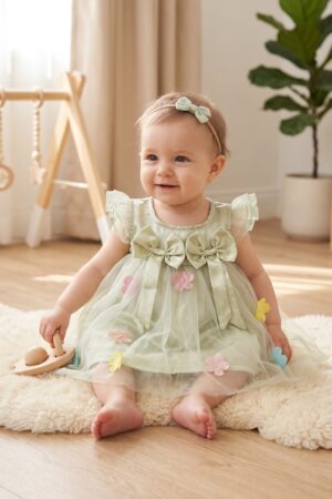 Baby Girls Mint Green Party Wear Dress with Satin Bows and Colorful Flower Appliqués