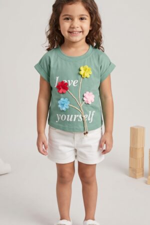 Girls Mauve Floral Embellished “Love Yourself” T-Shirt