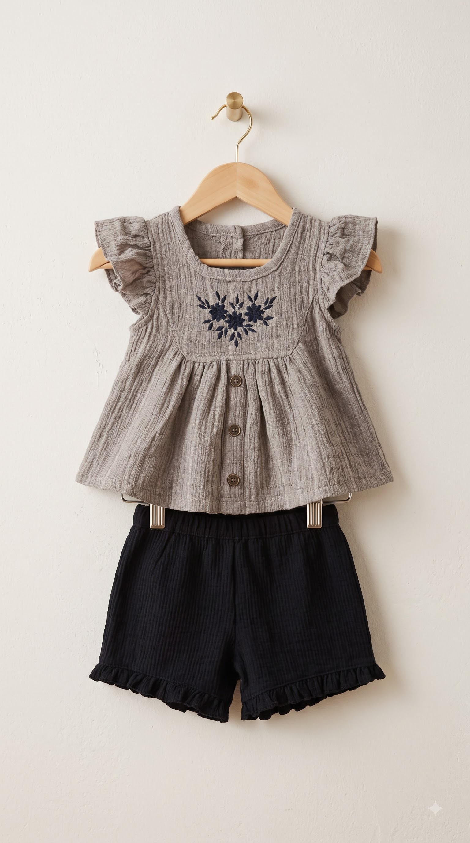 Baby Girls Beige Embroidered Top and Black Ruffle Shorts Set - Image 2