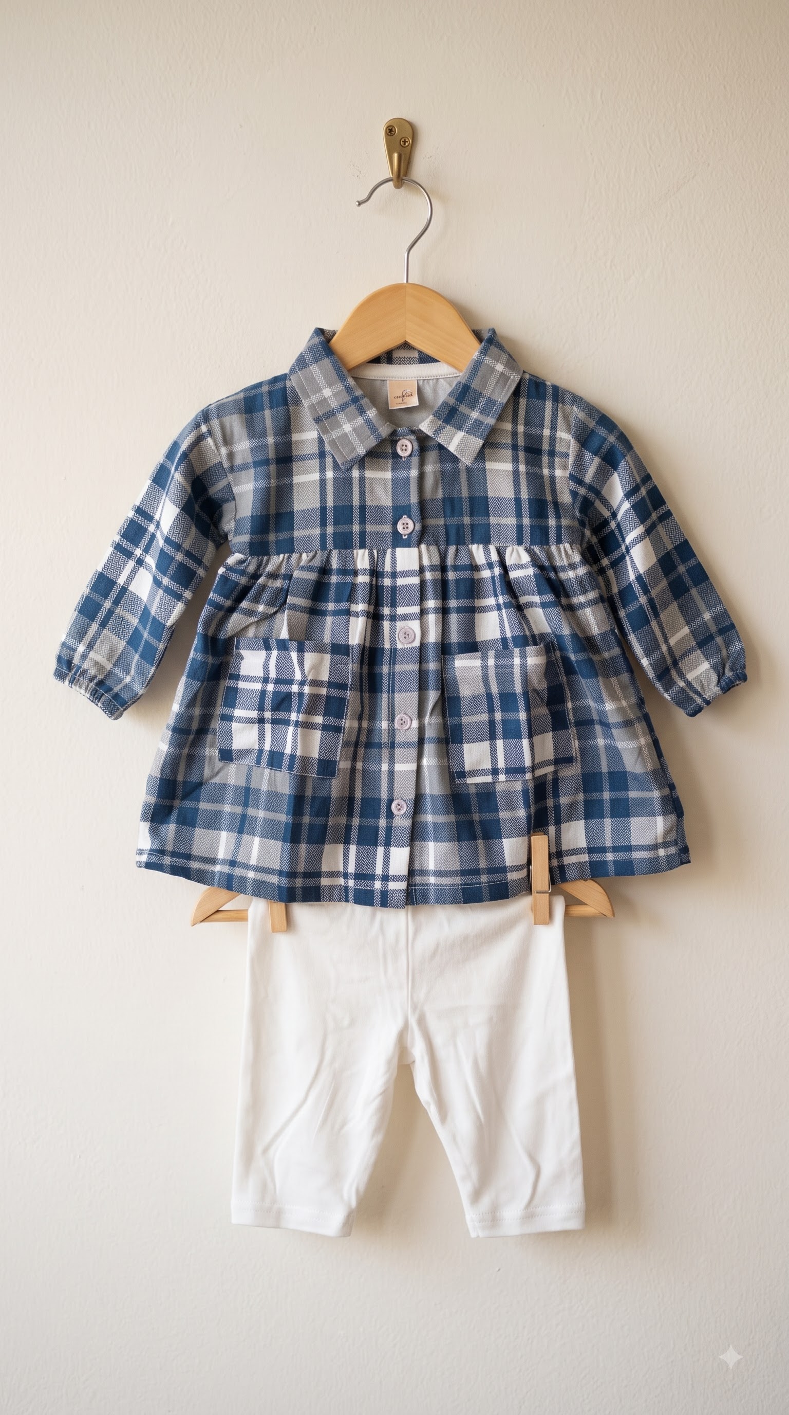 Baby Girls Blue and White Plaid Shirt Dress with White Leggings Set - Image 2