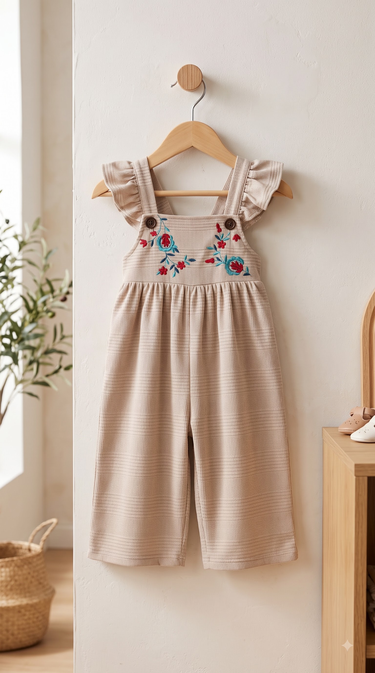 Baby Girls Beige Checked Dungaree Jumpsuit with Floral Embroidery and Ruffle Straps - Image 2