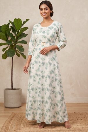 Women’s White & Green Floral Printed Maxi Dress with Belt