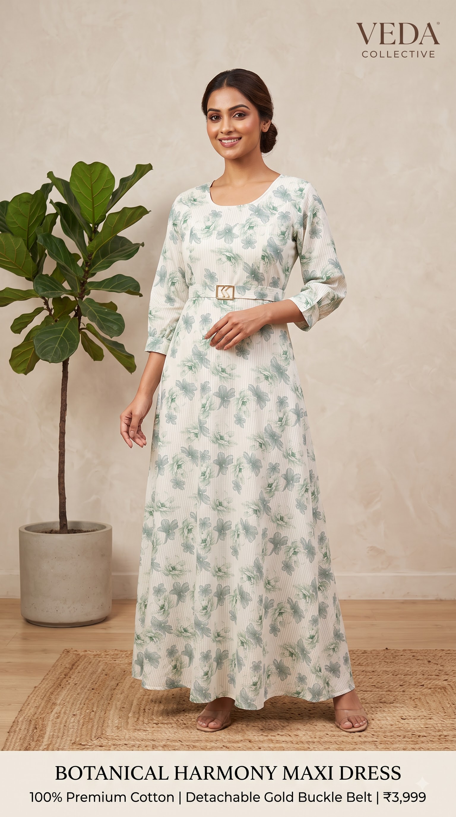 Women’s White & Green Floral Printed Maxi Dress with Belt