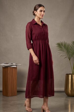 Women’s Maroon Textured Collared Long Dress with Button Front