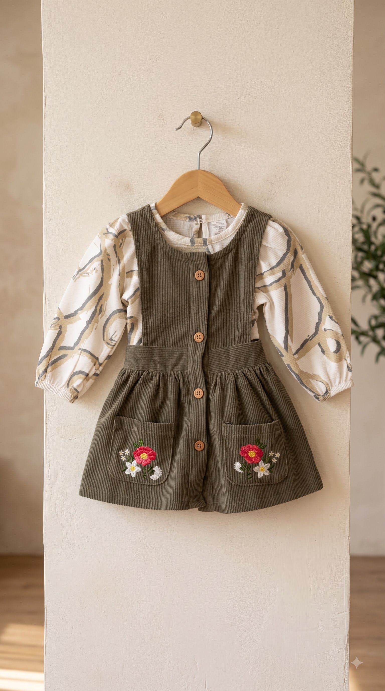 Baby Girls Olive Green Corduroy Pinafore Dress with Floral Embroidered Pockets and Printed Puff Sleeve Top - Image 2