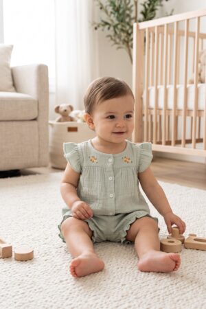 Baby Girls  Co-Ord Set with Floral Embroidery and Ruffle Sleeves