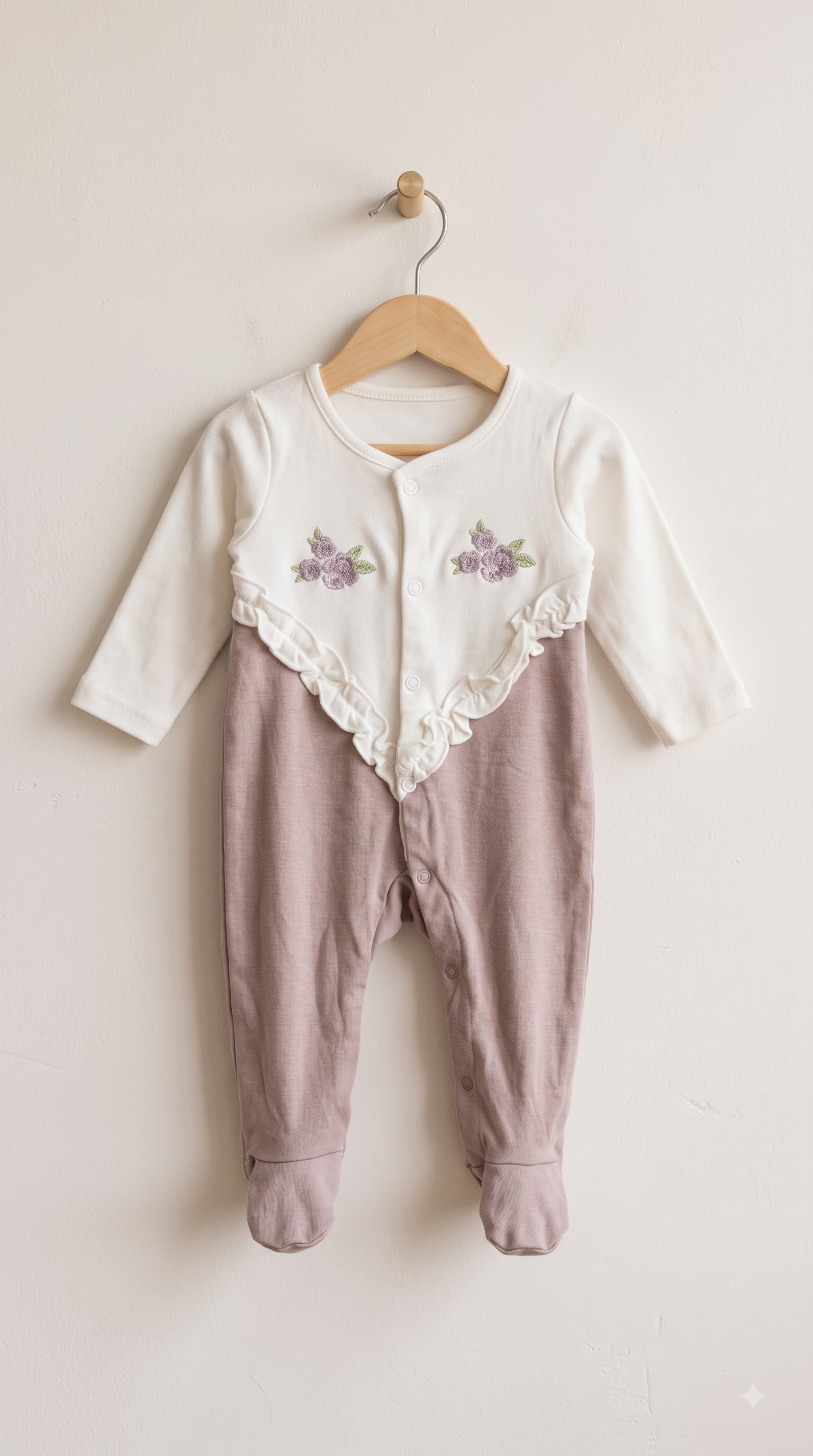 Shop this adorable baby girls' dusty pink dungaree set with white floral embroidery, ruffled straps, front pockets, scalloped trim, and a white ribbed T-shirt. - Image 2