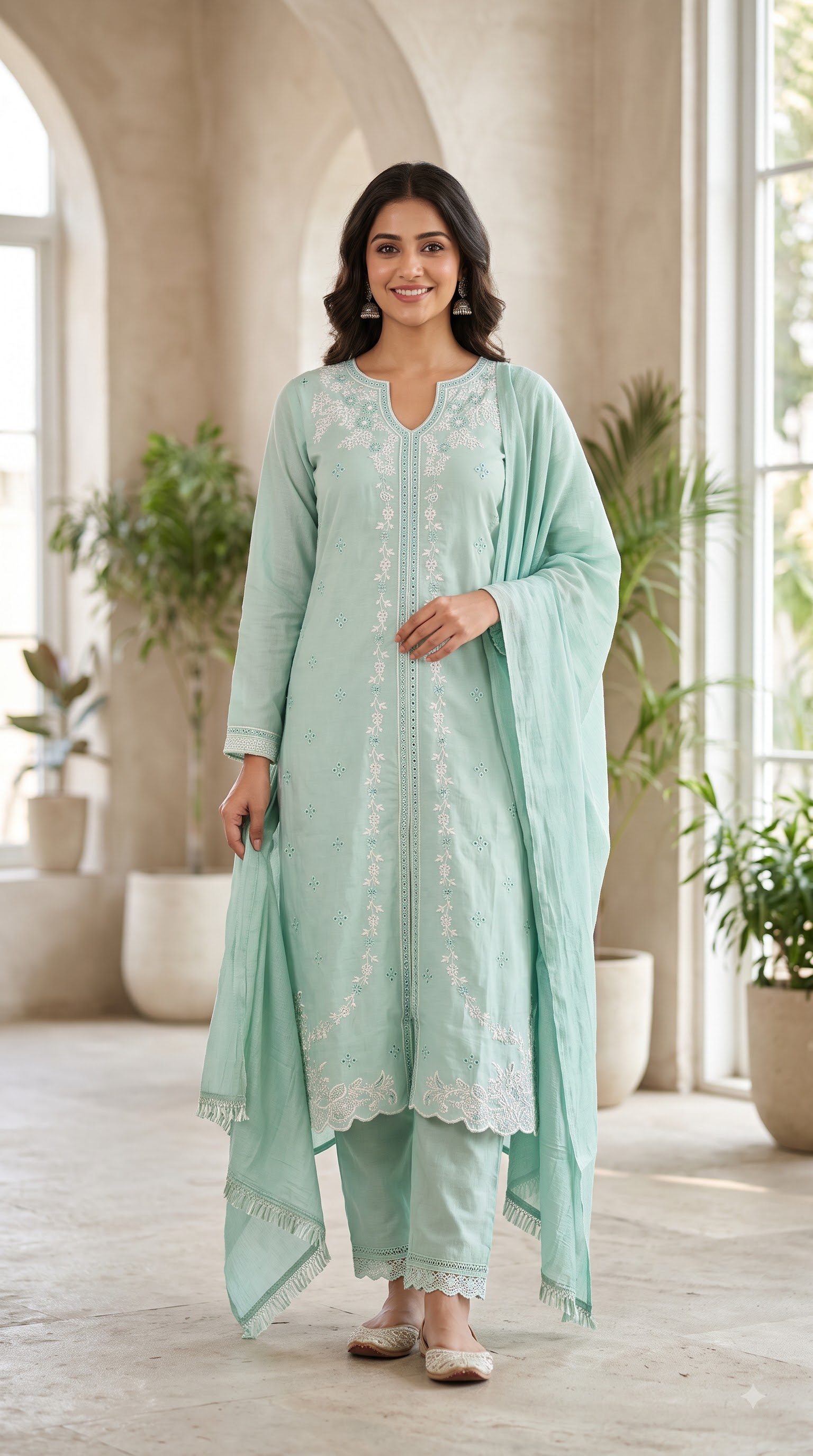 Women’s PAKISTANI Navy Blue Embroidered COTTON Kurta Set with Matching Pants and Dupatta - Image 2