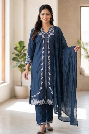 Women’s PAKISTANI Navy Blue Embroidered COTTON Kurta Set with Matching Pants and Dupatta