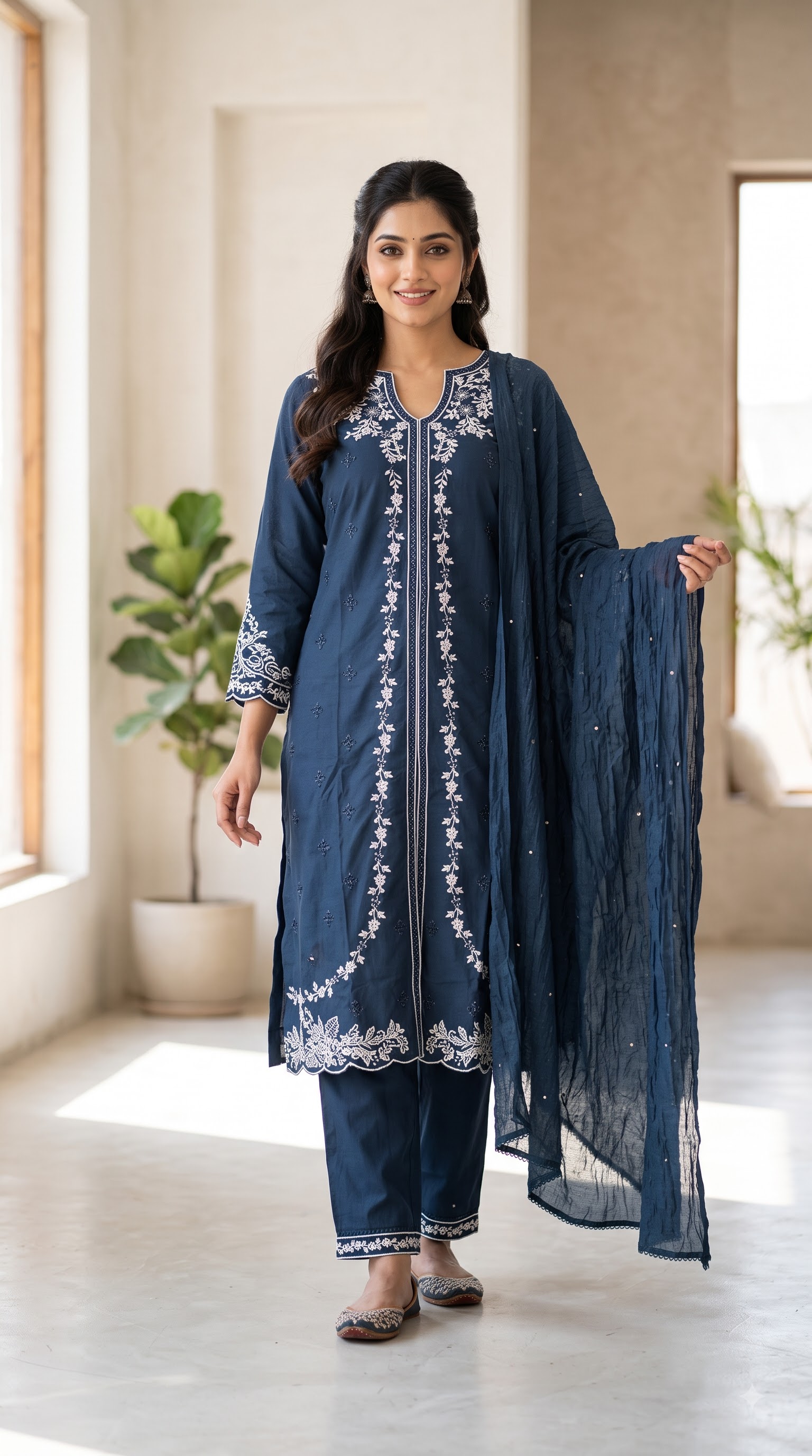 Women’s PAKISTANI Navy Blue Embroidered COTTON Kurta Set with Matching Pants and Dupatta