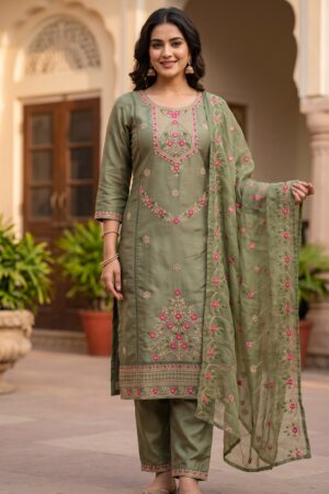 Women’s Pakistani Olive Green Floral Embroidered Kurta Set with Matching Dupatta
